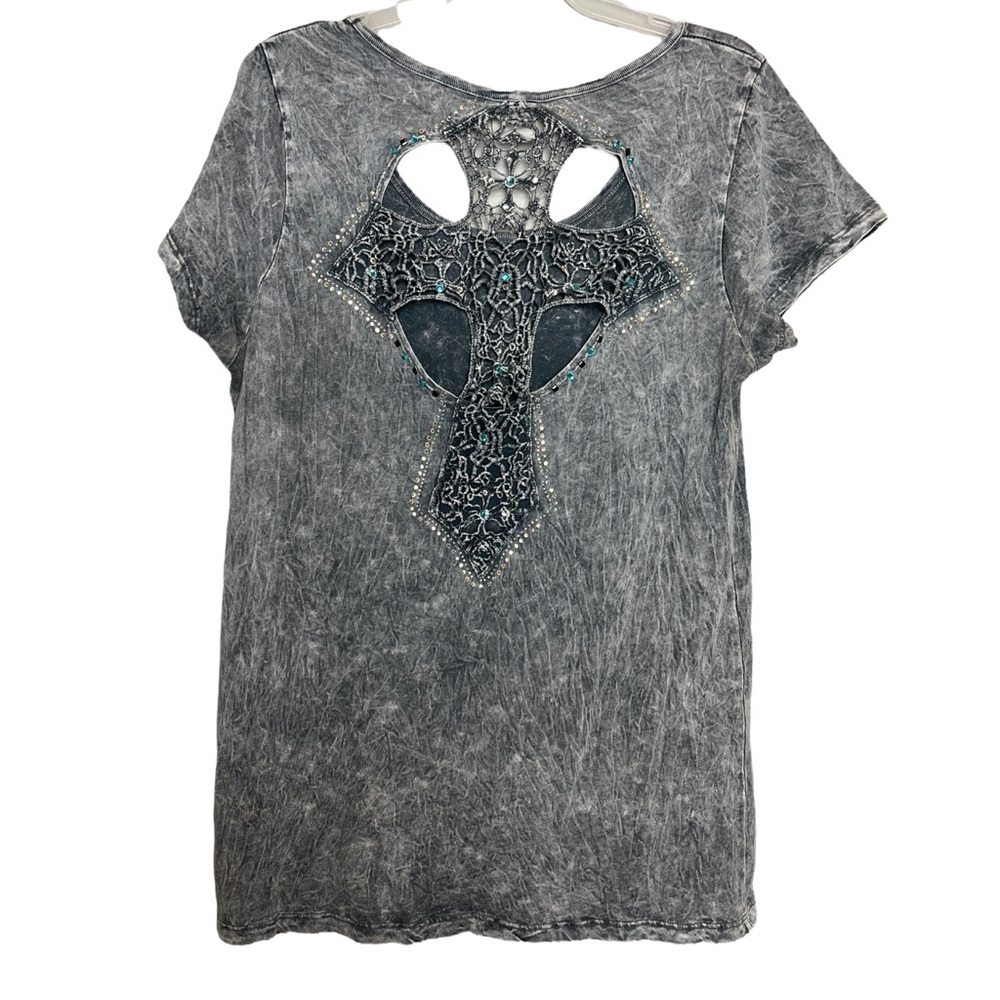 Women's Large Western Gypsy Grunge Cowgirl Cowboy Grey Bejeweled Cross Shirt